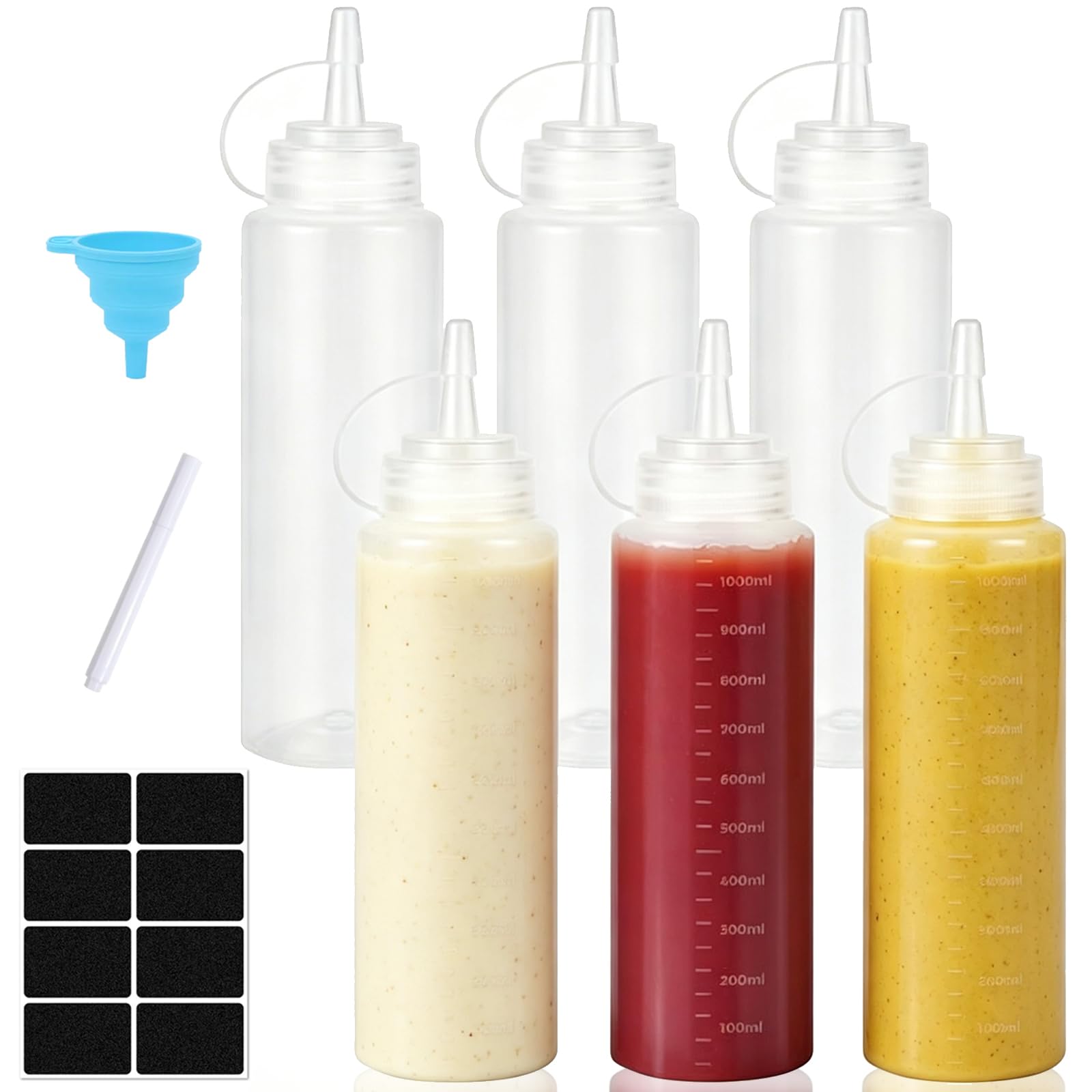 6 Pack 1000 ml Plastic Squeeze Condiment Bottles with Twist On Cap Lids