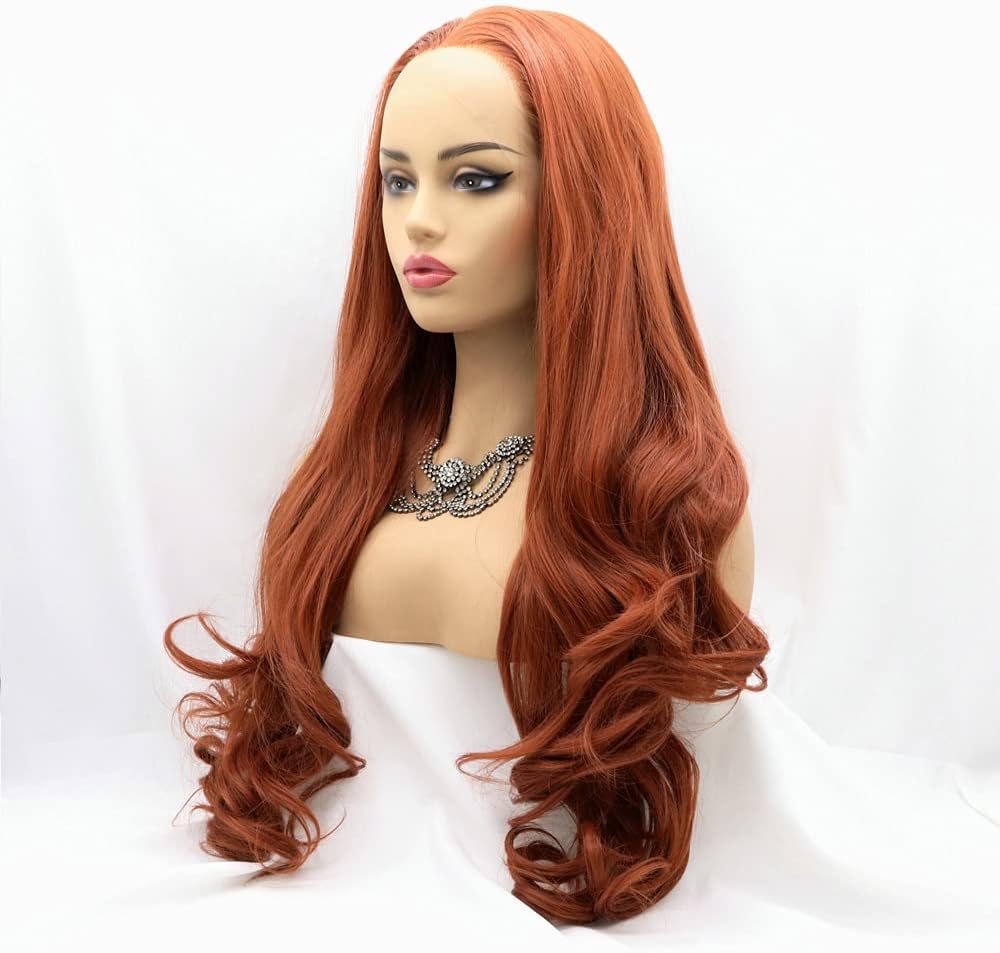 Xiweiya Wig 350# Ash Copper Red Wig Synthetic lace front Wig Long Body Wavy with Heat Resistant Fiber Drag Queen Red Brown Little Mermaid Hair Replacement Wig 24 inch - Image 3