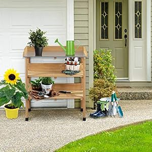 Yaheetech outdoor garden potting bench table wooden horticulture planting worstation wmetal tabletopstorage shelf3 hooks natural wood  urban country home decor