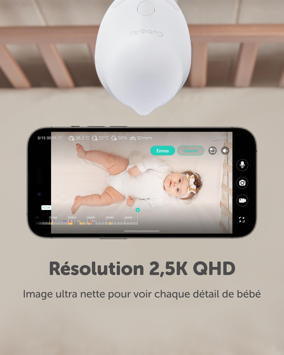 Babyphone Intelligent CuboAi 3 : caméra Wi-FI 2.5K QHD, Audio bidirectionnel, alertes température et humidité, berceuses, détection Visage Couvert et retournement, contrôle Via app