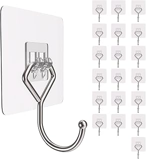 20 Pcs Large Adhesive Hooks Wall Hooks 44Ib(Max),Waterproof and Rustproof Wall Hooks for Hanging Heavy Duty Stainless Steel Towel and Coats Hooks to use Inside Kitchen, Bathroom, Home and Office