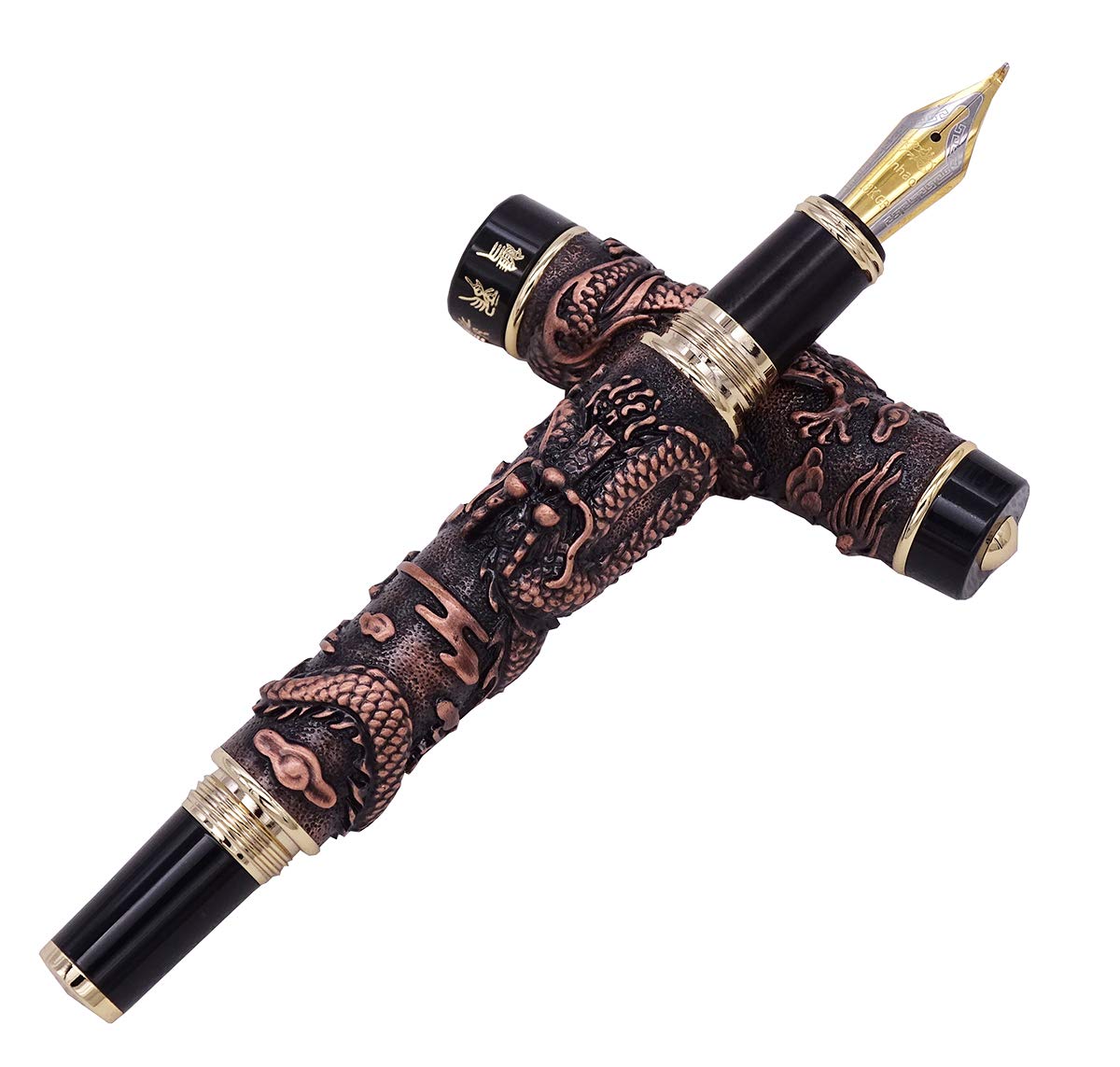 Jinhao Stylo-plume en métal bronze rouge 3D double dragon embossement Fude plume courbée calligraphie signature stylo