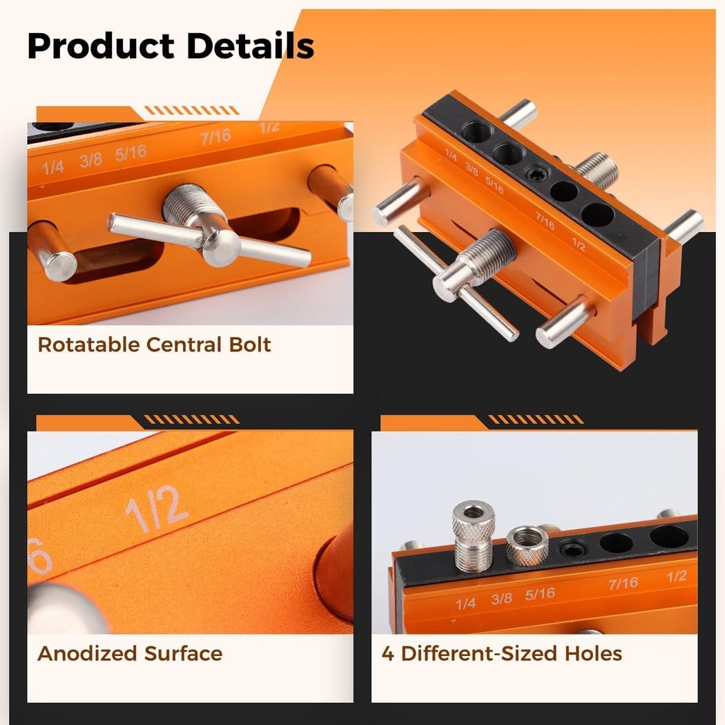Woodworking Doweling Jig Tool Kit With 6 Threaded Bushings, Self-Center Drilling Guide, Adjustable Locator For Accurate Hole Punching
