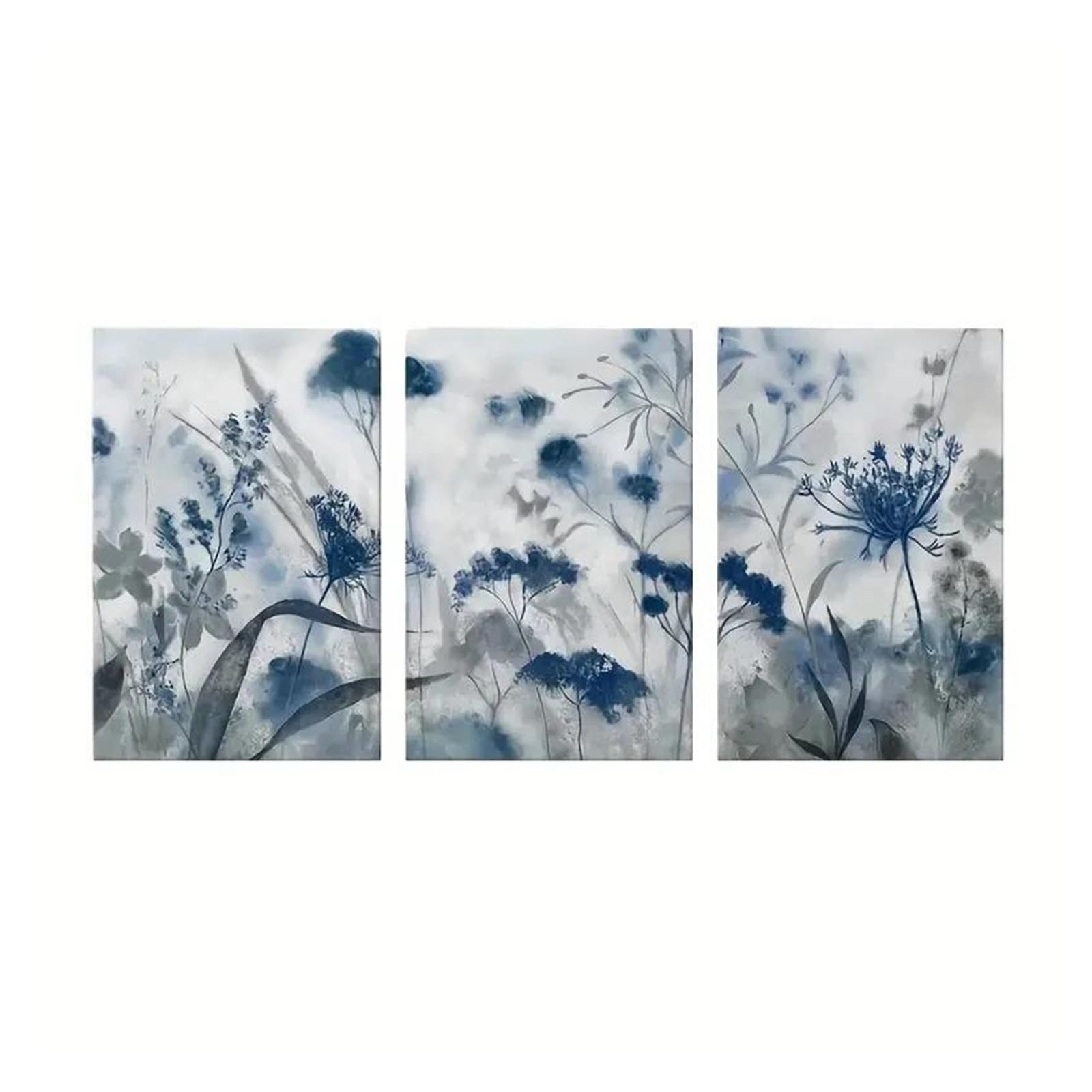 Art Mural Imprimé Décoration De Maison triptyque fleurs bleues grises en toile