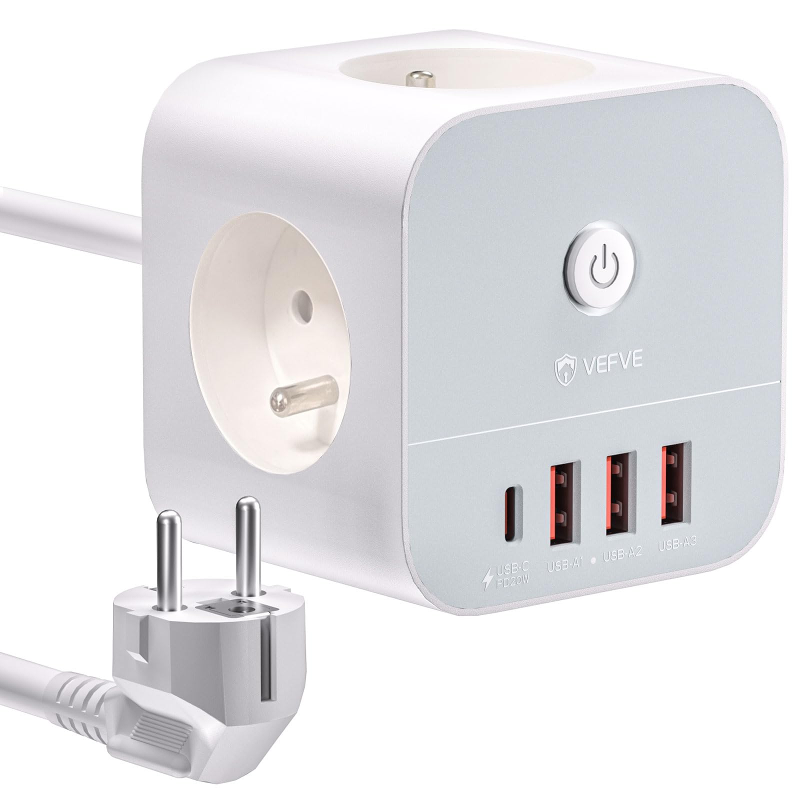 VEFVE Regleta Tipo E (Estándar Francés), Cubo Enchufes USB C 20W PD, Ladrón 7 en 1 con Interruptor, para Francia/Bélgica/Polonia, Cable 3m, Blanco