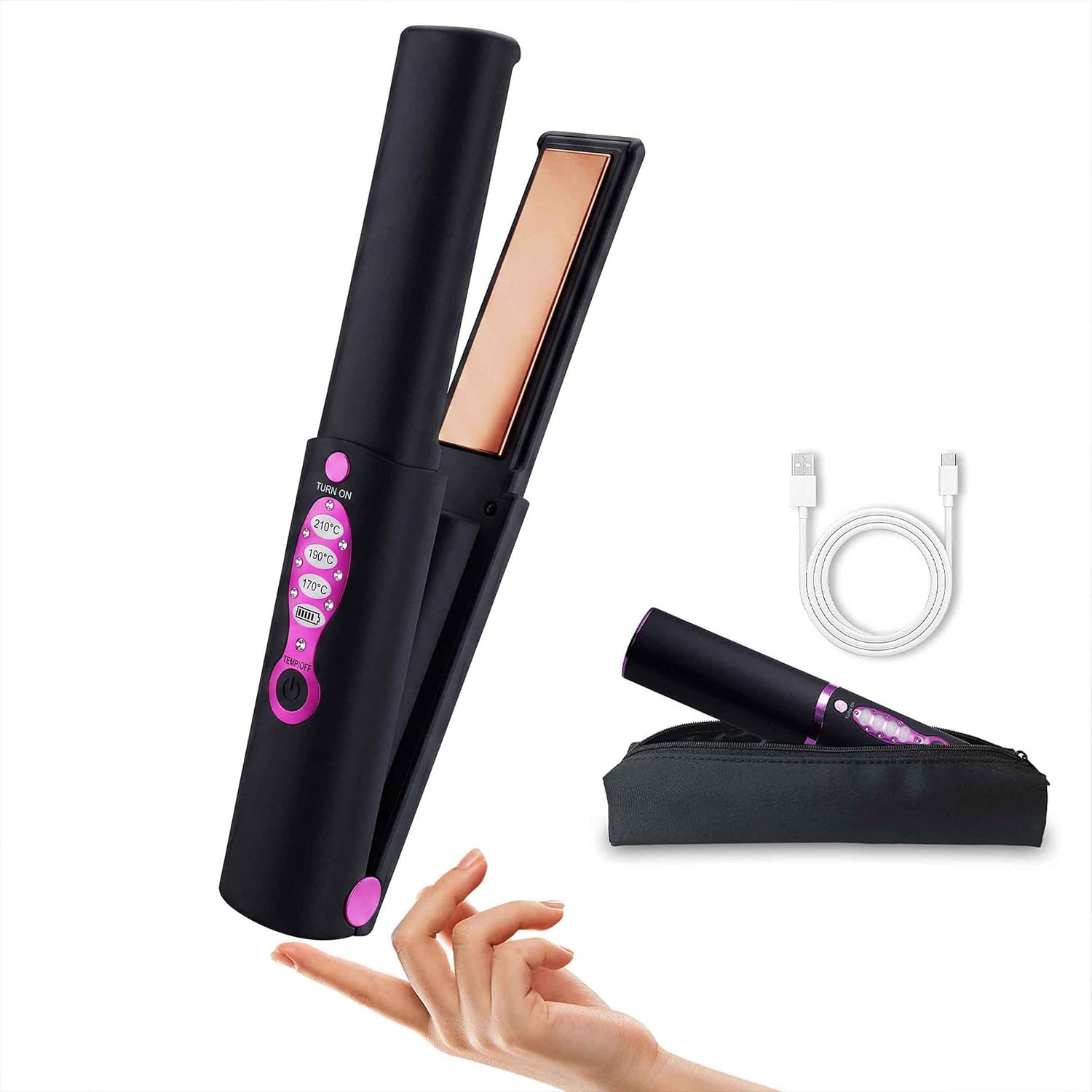 Mini Cordless Flat Iron for Short Hair, 2-in-1 Titanium Travel Hair Straightener & Curler for Pixie Cuts & Bangs, USB-C Rechargeable, 3 Heat Settings, 60-Second Heat-Up