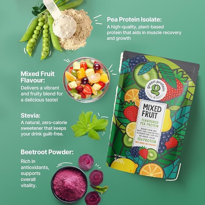 Image of GREEN PROTEIN Protein Isolate Powder, Plant Protein, No Added Sugar, 100% Vegan, Soy Free, Dairy Free, Gluten Free, Allergen Free, 15g Protein Per Serving, Pouch (500g) (Mixed Fruit (500g))