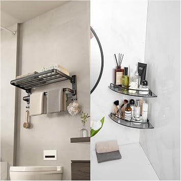 Glass Corner Shelf for Bathroom & 24Inch Towel Rack for Bathroom Matte Black