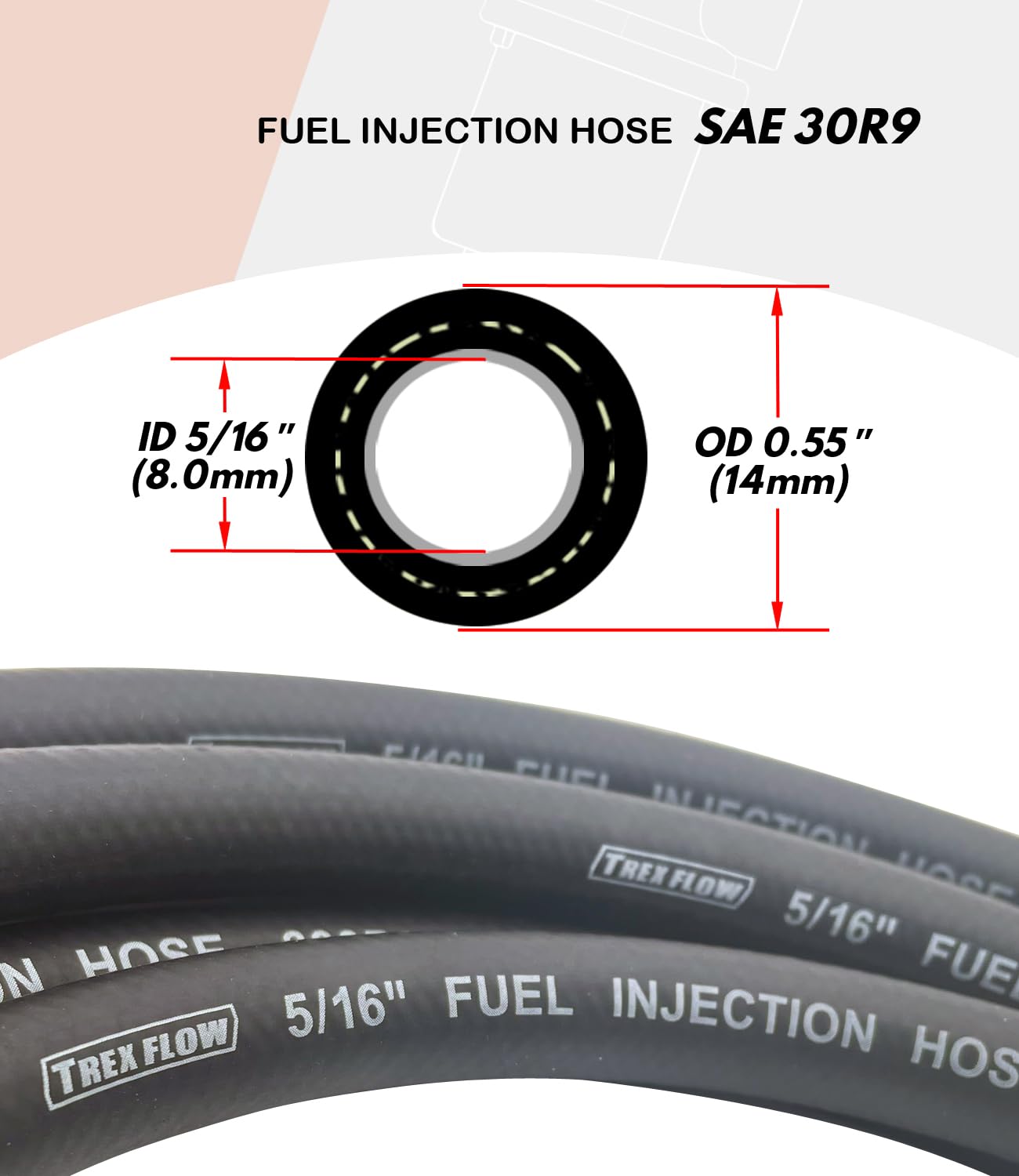 Manguera de Combustible SAE 30R9 de 5/16" y 10 pies de Largo. Manguera de Combustible con Cierre a presión de Alta presión SAEJ30R9 de 300 PSI (10 pies, 5/16" de diámetro Interior)