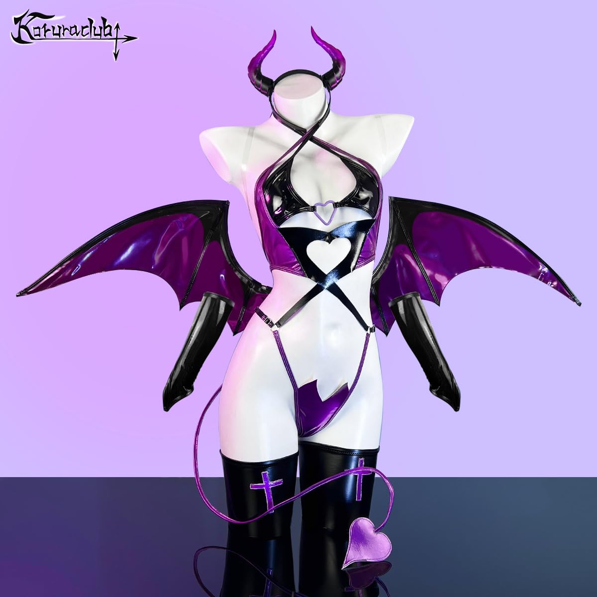 KORURACLUB Succubus costume premium pu cosplay lingerie for women wing devil lingerie: Purple X-Large