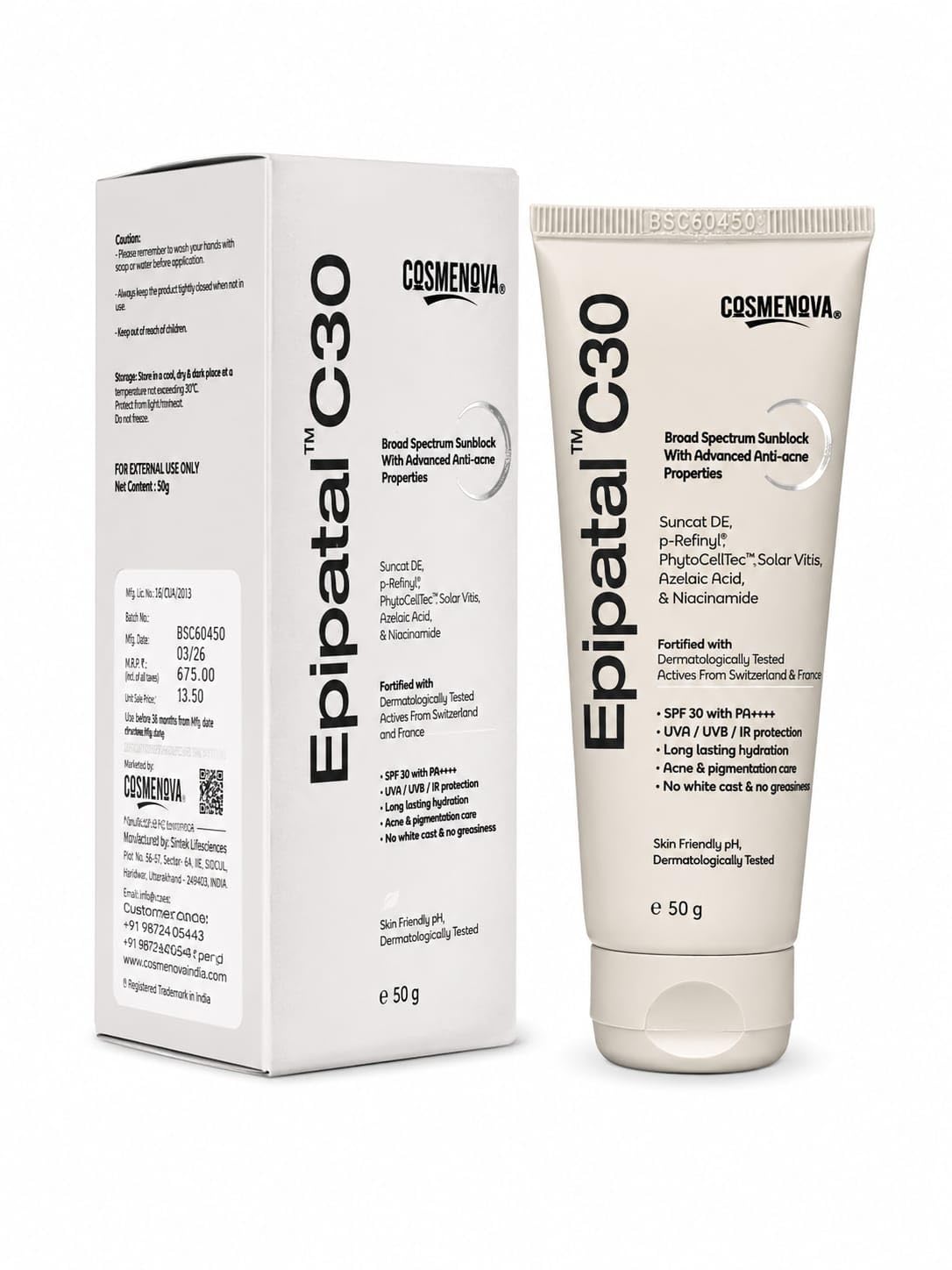 Epipatal C30 Broad Spectrum Sunblock with Anti-acne, 50g | SPF 30 with PA++++, UVA/UVB/IR Protection, No White Cast, Niacinamide & Azelaic Acid, Dermatologically Tested-image-11