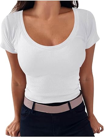 Womens Basic T-Shirts Scoop Neck Short Sleeve Crop Tops Cute Summer Tops Teen Girls Slim Fit Tees Y2k Clothing 2024
