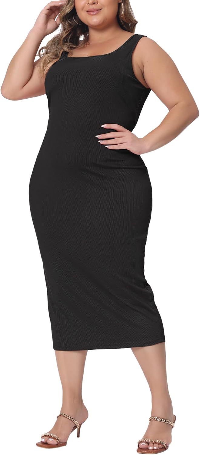 Agnes Orinda Plus Size Dress for Women Summer Sleeveless Square Neck Bodycon Cocktail Sundress Sexy Midi Tank Dress - Image 2