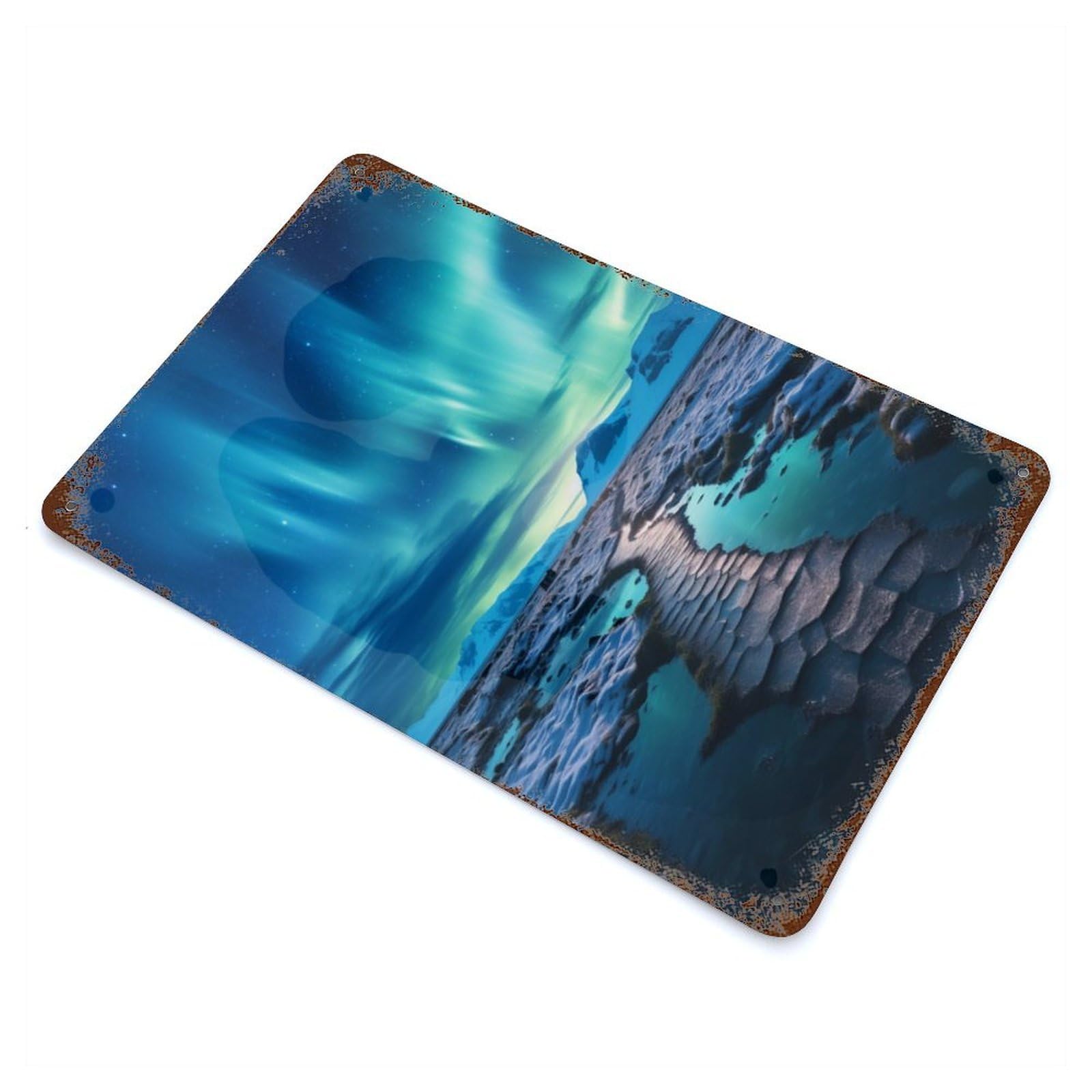 Blue Northern Lights Lake Vintage Wall Sign 11.8"x7.9", Rust Effect Metal Decor for Farmhouse, Kitchen And Entryway Decor