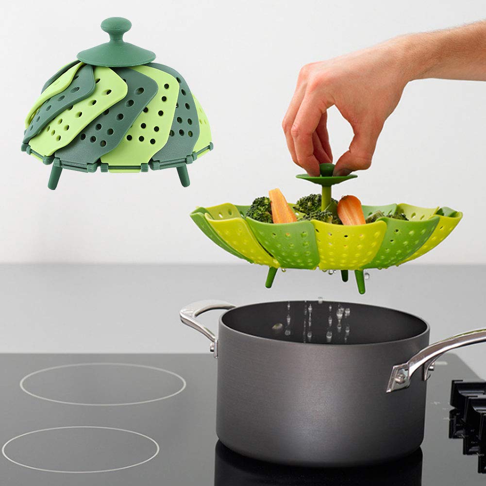 Cestello per cottura a vapore pieghevole 2 pezzi,cestini per cottura a vapore ad alta temperatura, cestini per cottura a vapore per verdure regolabili per frutta vegetale, verde, Cestello per co