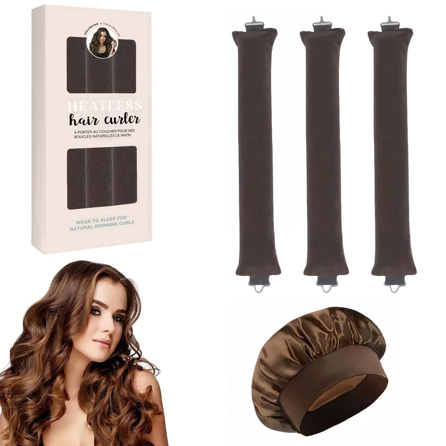 EUZUXU 3 Stück Heatless Curls Band + 1 Stück Schlafmütze, Hitzefreie Lockenwickler, Overnight Blowout Locken Ohne Hitze, für Alle Haartypen-Braun