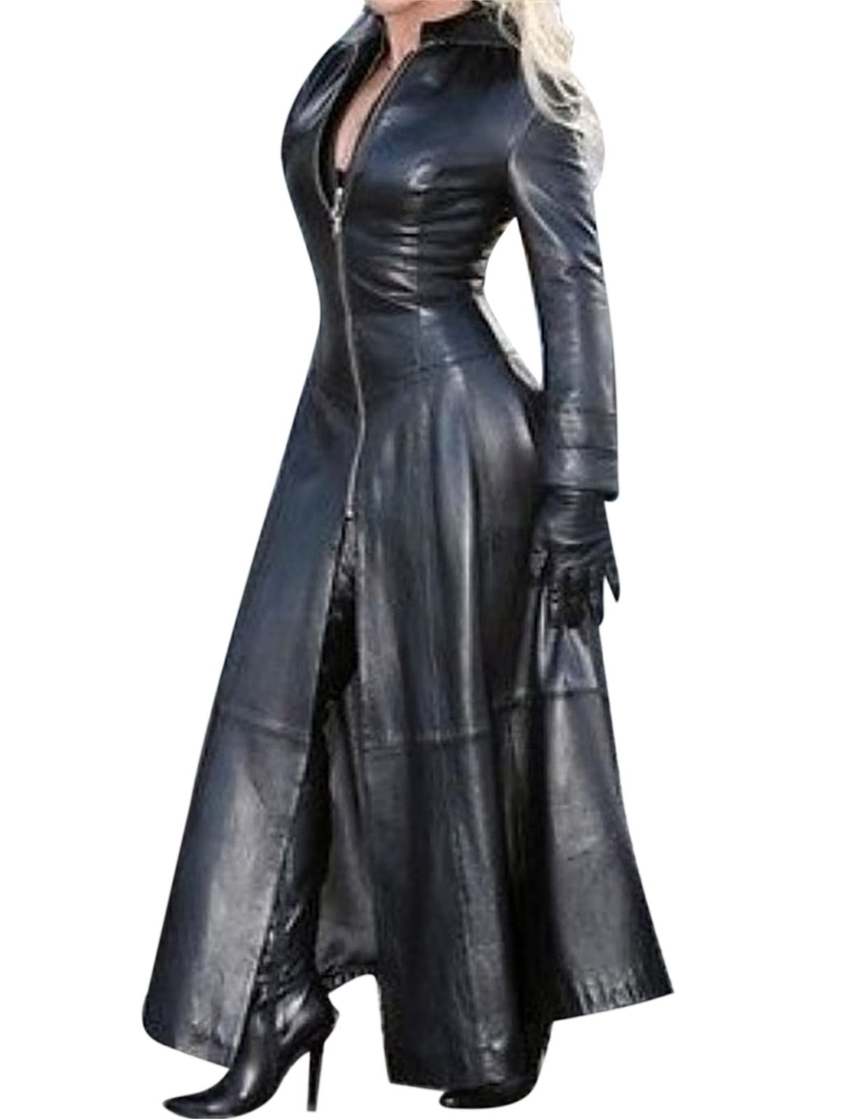 each women Womens Knee Length Leather Trench Coat Ladies Windbreaker Long Faux Leather Overcoat Size 20