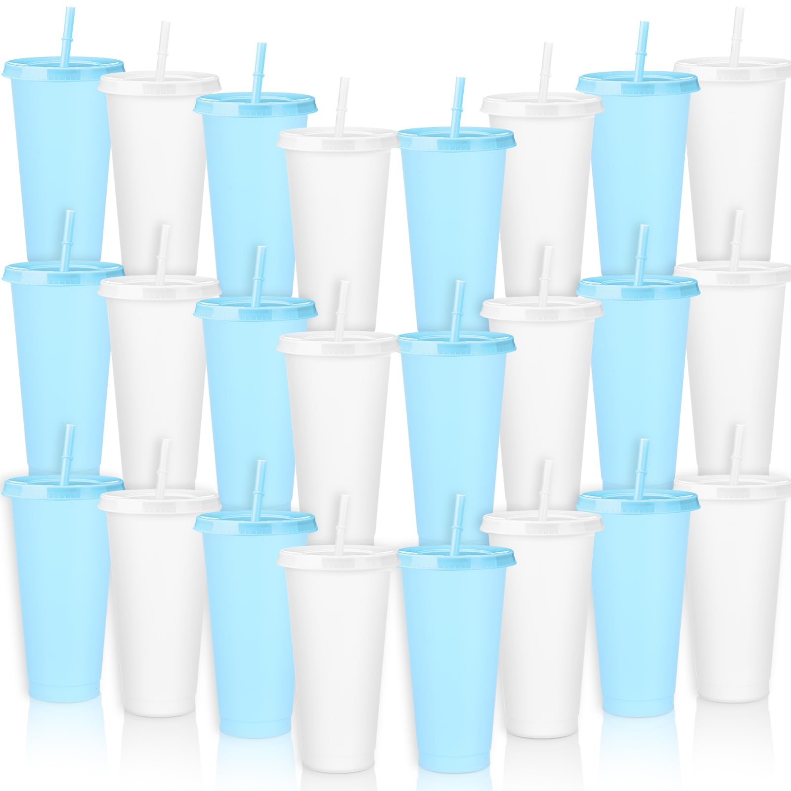 24 Pcs White and Light Blue Plastic Cups with Lids and Straws Something Blue Wedding Party Supplies 24 oz Reusable Bachelorette Cup Beverage Drinks