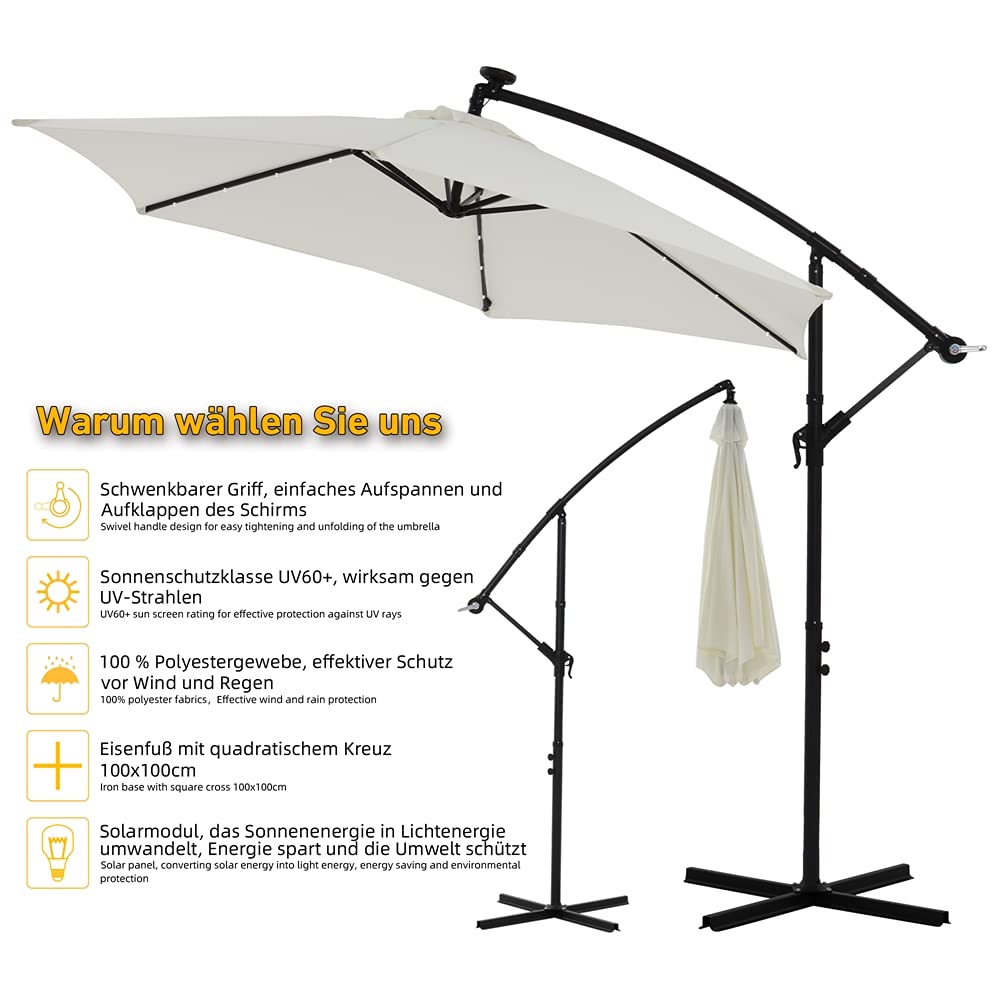 Mucola Ampelschirm Sonnenschirm LED Solar mit Kurbel Ø 350 cm Stahl Beige
