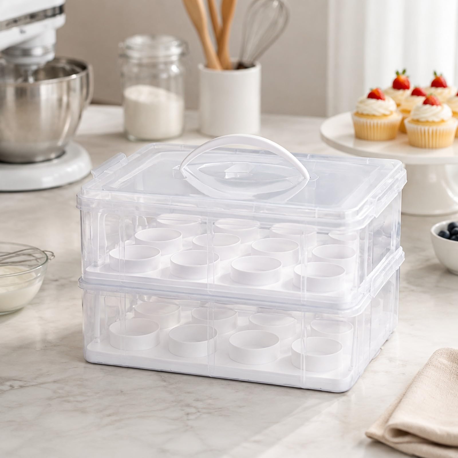 Caja Plástico Transparente para con Asa Portátil Impermeable Estuche Embalaje Postre para Pastelerías, 3 Niveles