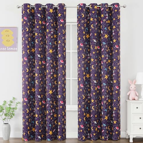 Image of Star Moon Unicorn Purple Blackout Kids Curtains 84 Inch for Girls Bedroom