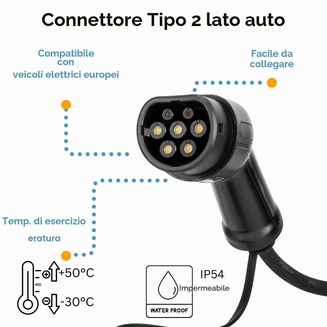 Cavo di Ricarica Tipo 2 per Auto elettriche, 16 A, 3 Fasi, 3 m a Spirale – Soluzione di Ricarica VE Durevole e Flessibile