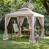 Sunjoy 8 x 8 ft. Soft Top Gazebo, Outdoor Patio Backyard Modern 2-Tier Steel Frame Gazebo with Mesh Netting - Grey & Khaki