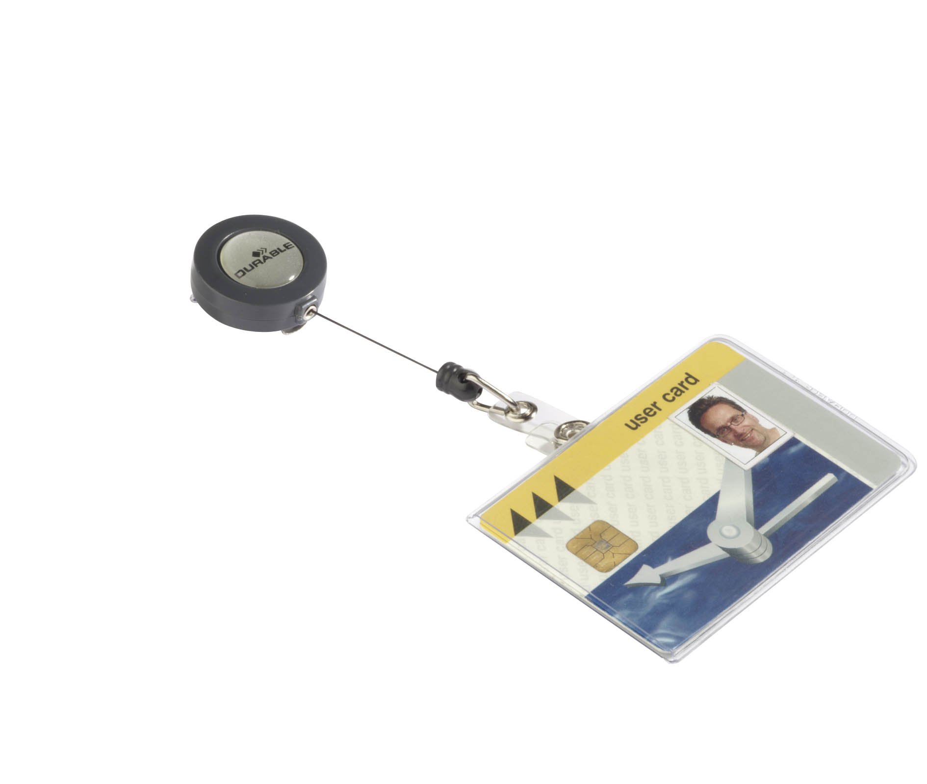 Durable 801619 - Portabade semirigidi con chiocciola yo-yo, f.to orizzontale, asola, lunghezza filo 80 cm, 54x87 mm, trasparente, confezione da 10 pezzi