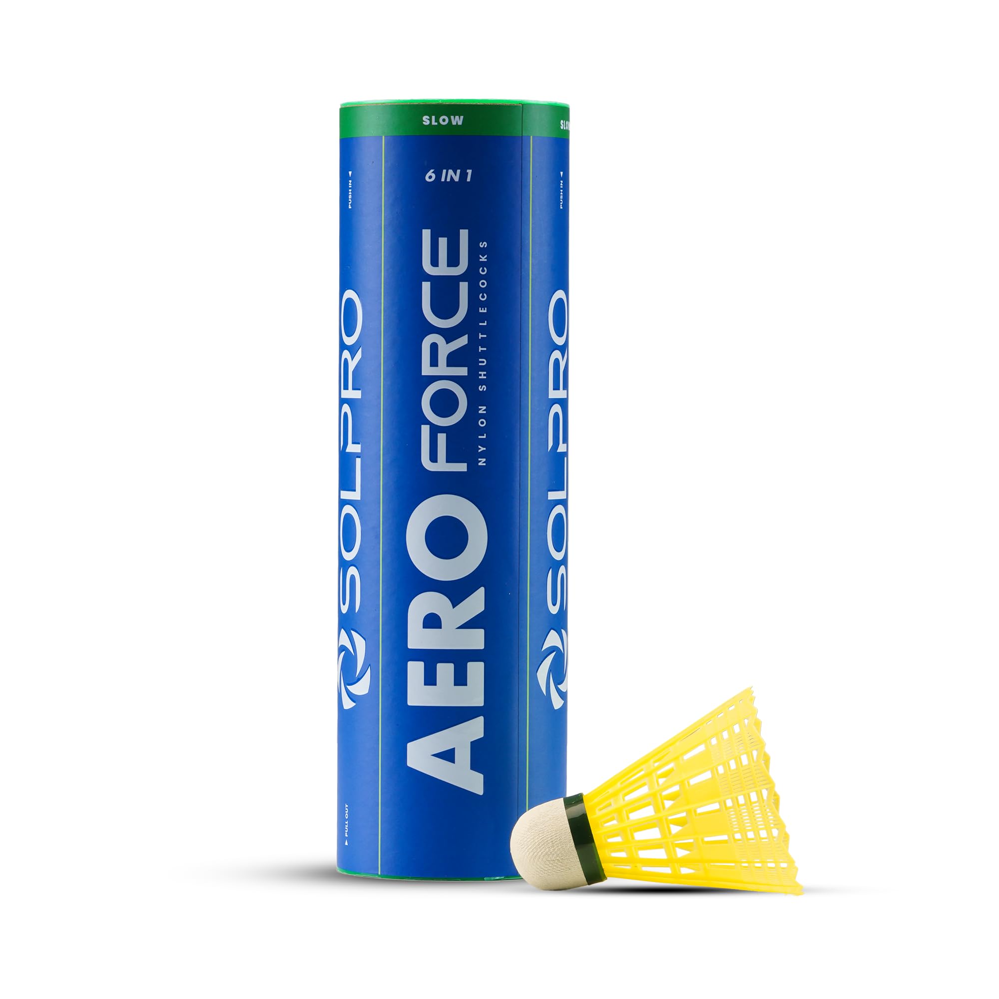 Solpro Aero Force Nylon Badminton Shuttlecock | Pack of 6 | Durable Slow Speed Shuttle for Training, Practice & Recreational Games, Stable Flight & Long-Lasting Performance