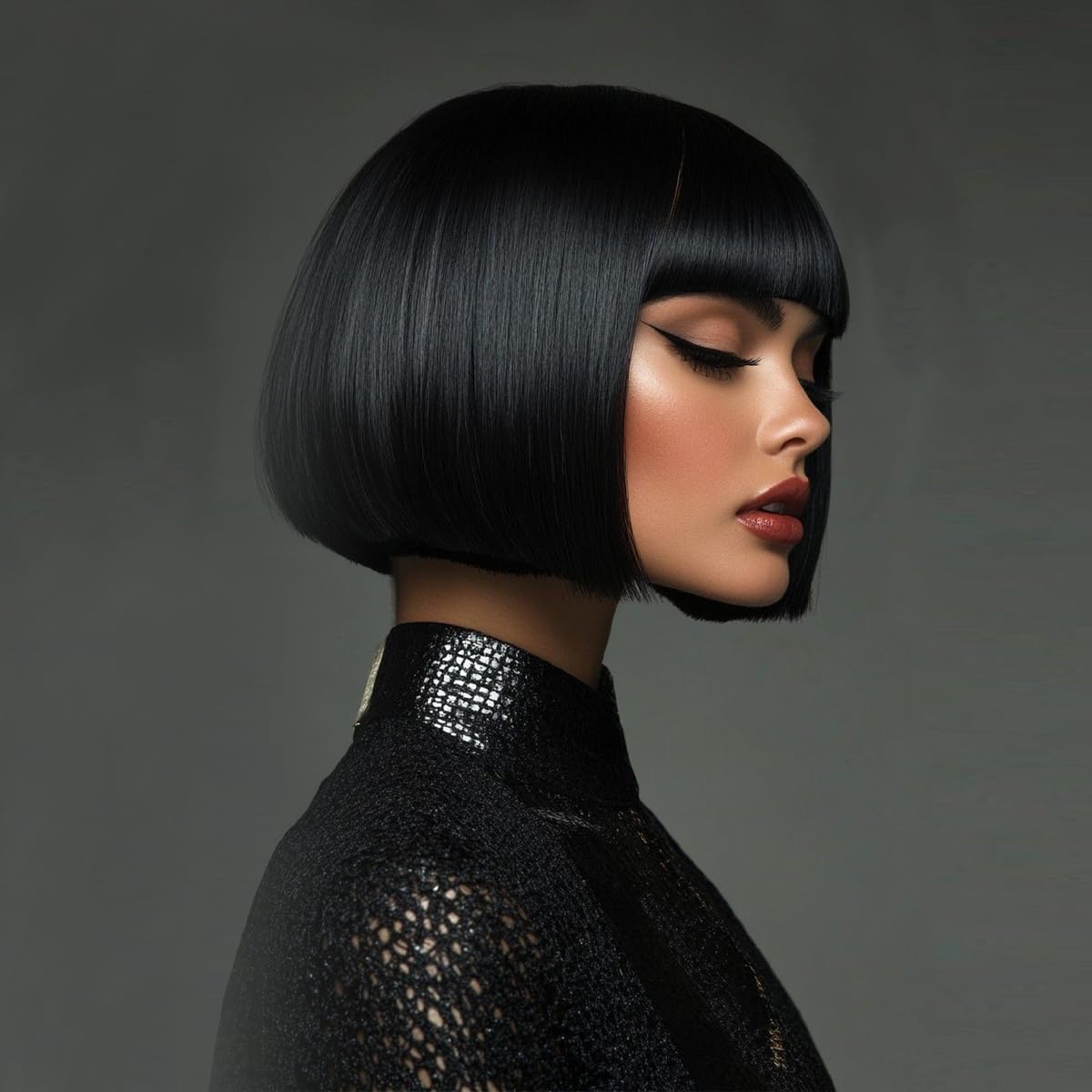 Mofyue Short Bob Wig Human Hair With Bangs Pixie Cut Wig Human Hair With Bangs Trendy Layered Human Hair | Put On & Go Wig (Natural Black 292#)