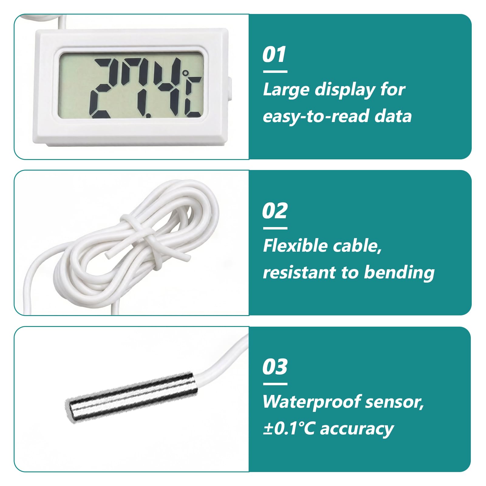 4 Stück LCD Digital Thermometer mit Externem Metall Sensor, Thermometer mit Fühler 1m Kabel, Mini Temperaturtester für Kühlschrank, Gefrierschrank, Aquarium, LCD Anzeige, Präzise Temperaturmessung