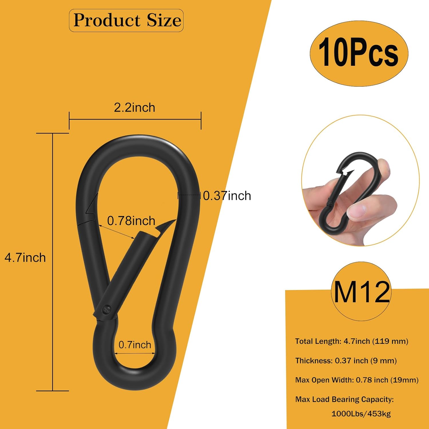 Heavy-Duty Carabiner Clip 1.57"–5.5", Black/Silver Spring Snap Hook, Quick Link Keychain Clip for Keys, Swing Set, Camping, Fishing, Hiking & Traveling (120–1350 lbs)