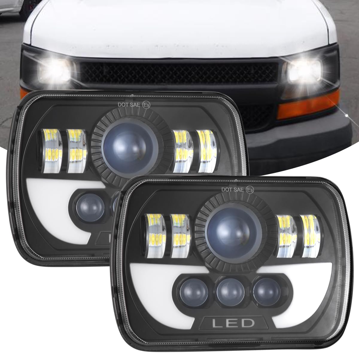 5x7 7x6 Headlights with DRL & Turn Signal,800% Brightness Xenon White H6054 H5054 Headlight Compatible with 1996-2017 Chevy Express 1500/2500/3500,Hi/Low Sealed Beam,IP68,Pack of 2