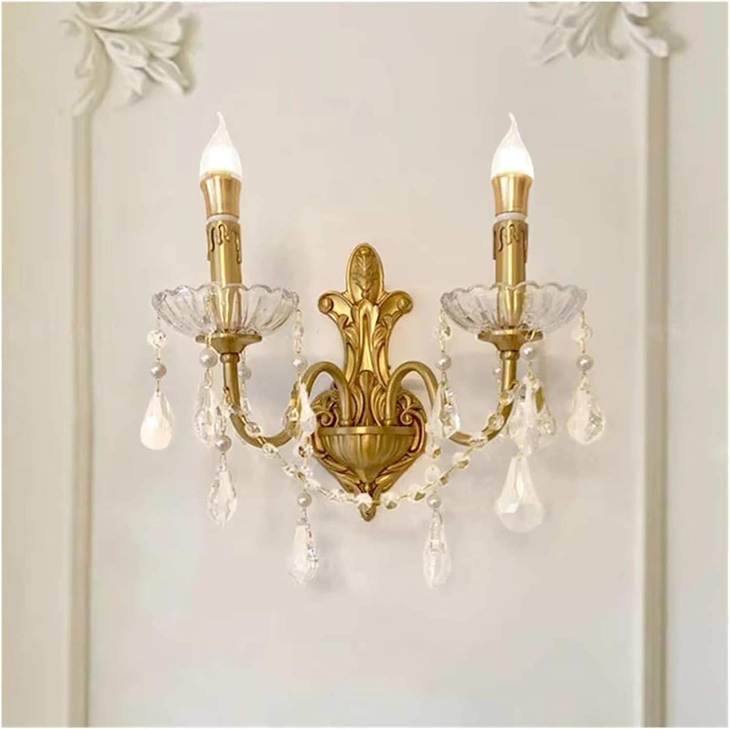 CWCQGH Luxury Retro French Romantic Living Room Dining Copper Crystal Wall Lamp,3colors dimming-2lights