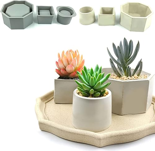 Miniatura 6 de appuivbt Molde de resina para macetas de silicona, molde de maceta suculenta moldes de cemento Molde de arcilla de hormigón, cuadradoredondooctágono