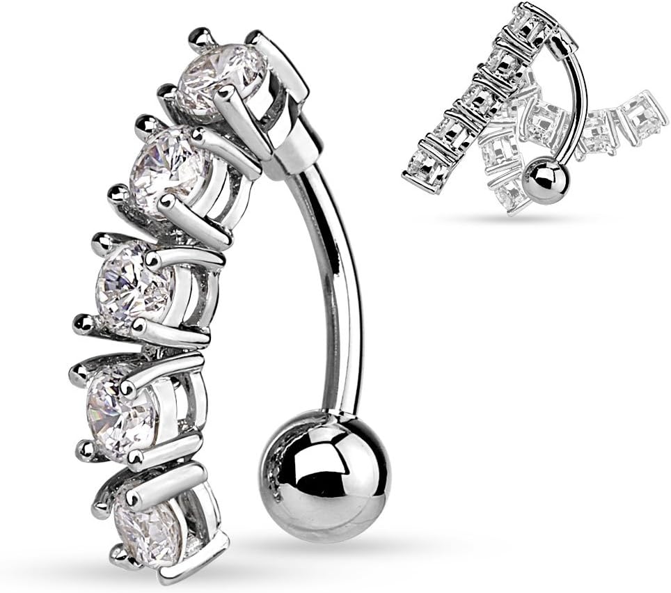 Pierced Owl 5 CZ Vertical Drop Reverse Belly Button Ring Surgical Steel 14g Top Down Navel Ring (Silver Tone)