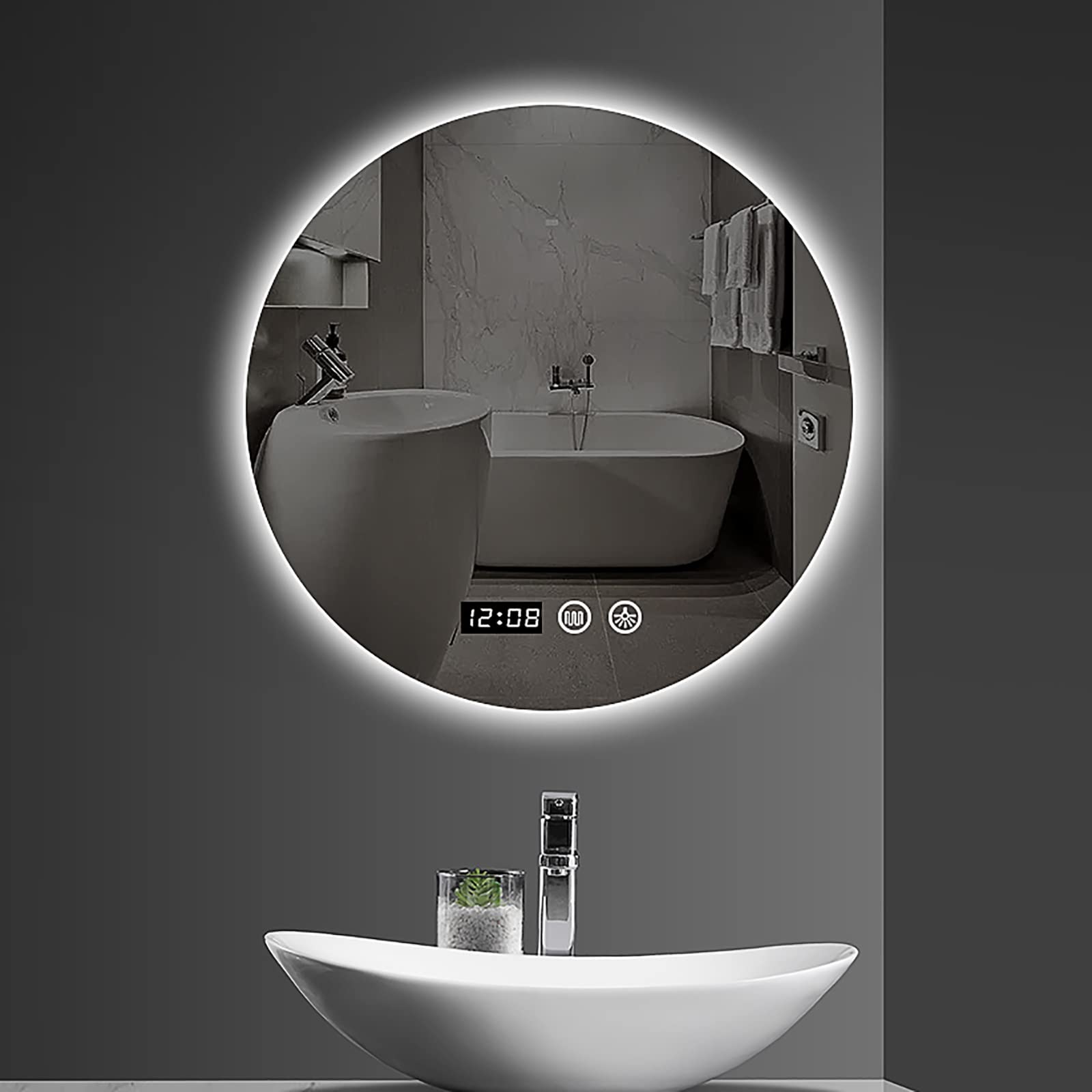 SXFSDOU Modern Vanity Mirror with LED Tri colour Dimmable Backlit Anti fog Shatter Proof Round Wall 70X70CM Smart Touch Button and Time Display 20in/50CM Size