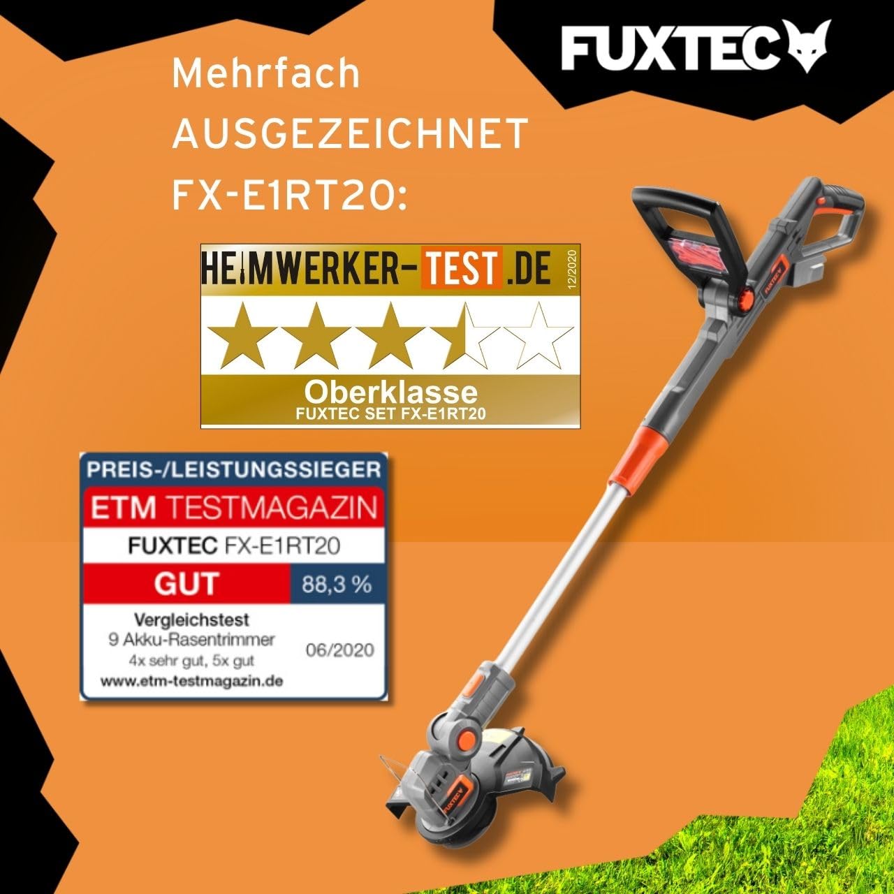 FUXTEC 20V Akku Garten Geräte Set FX-E1RM20ECO-SET & FX-E1RT20-SET • Akku Rasenmäher 30cm & Rasentrimmer 25cm • 2X 2Ah Akku mit Ladegerät • Wechselakku System • Kabellos • Akkumäher mit 30L Fangkorb