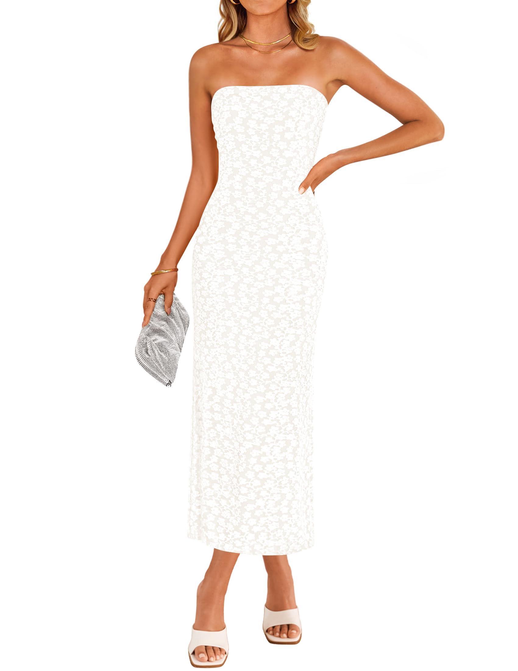 ZESICA Womens 2026 Summer Floral Strapless Bodycon Midi Dress Off Shoulder Tube Beach Wedding Guest Party Long Dresses
