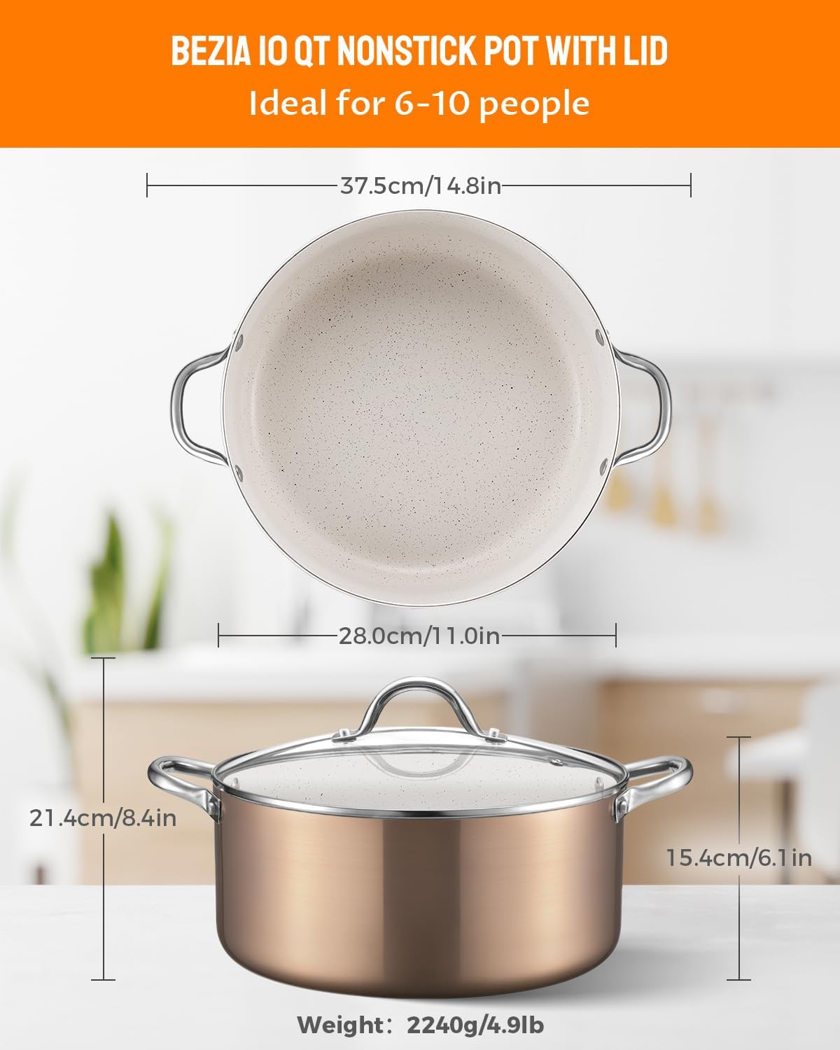 BEZIA Large 10 Quart Nonstick Cooking Pot with Lid, Induction Stock Pot, Soup Pot for All Stovetops, Non-toxic and Oven Safe, PFOA PFAS Free, Golden - Image 2