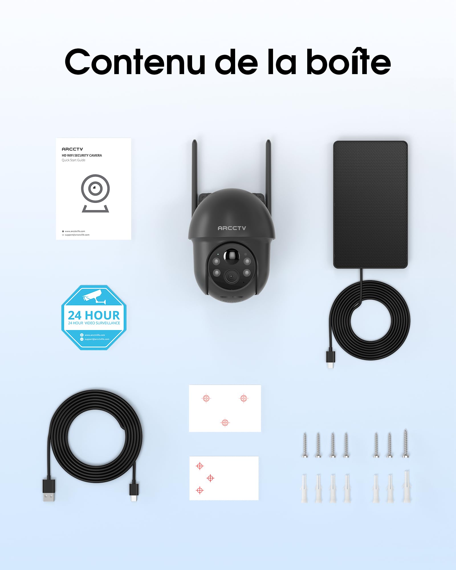 ARCCTV Q1 Caméra Surveillance WiFi Exterieure sans Fil Solaire (Gris, 2pcs) | 2.4/5GHz WiFi, 360° PTZ, 2K/4MP, Panneau Solaire, PIR Détection, Nocturne Couleur, Audio Bidirectionnel, Alexa/IP65
