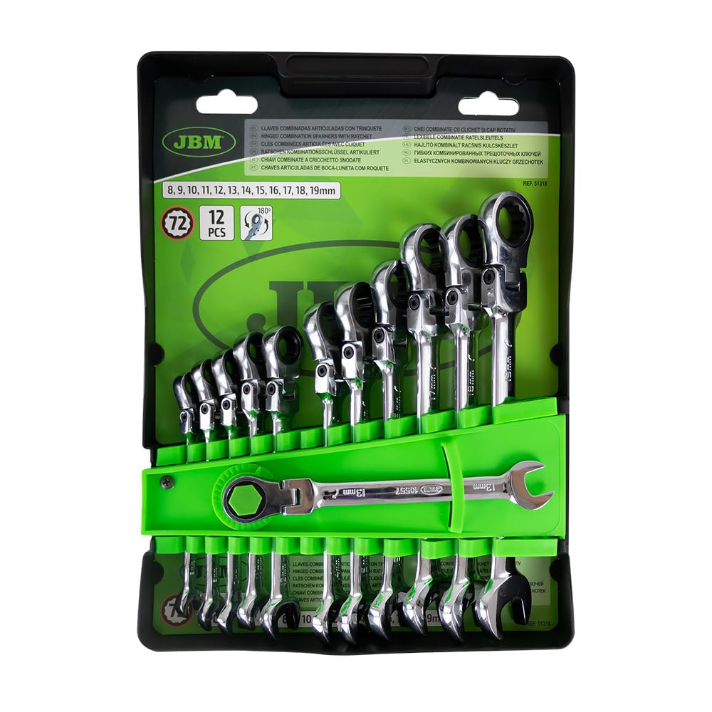 Partenopea Set 12 chiavi combinate articolate con cricchetto JBM 51318 – misure 8-19 mm, testa snodata 180°, cricchetto 72 denti, utensili officina