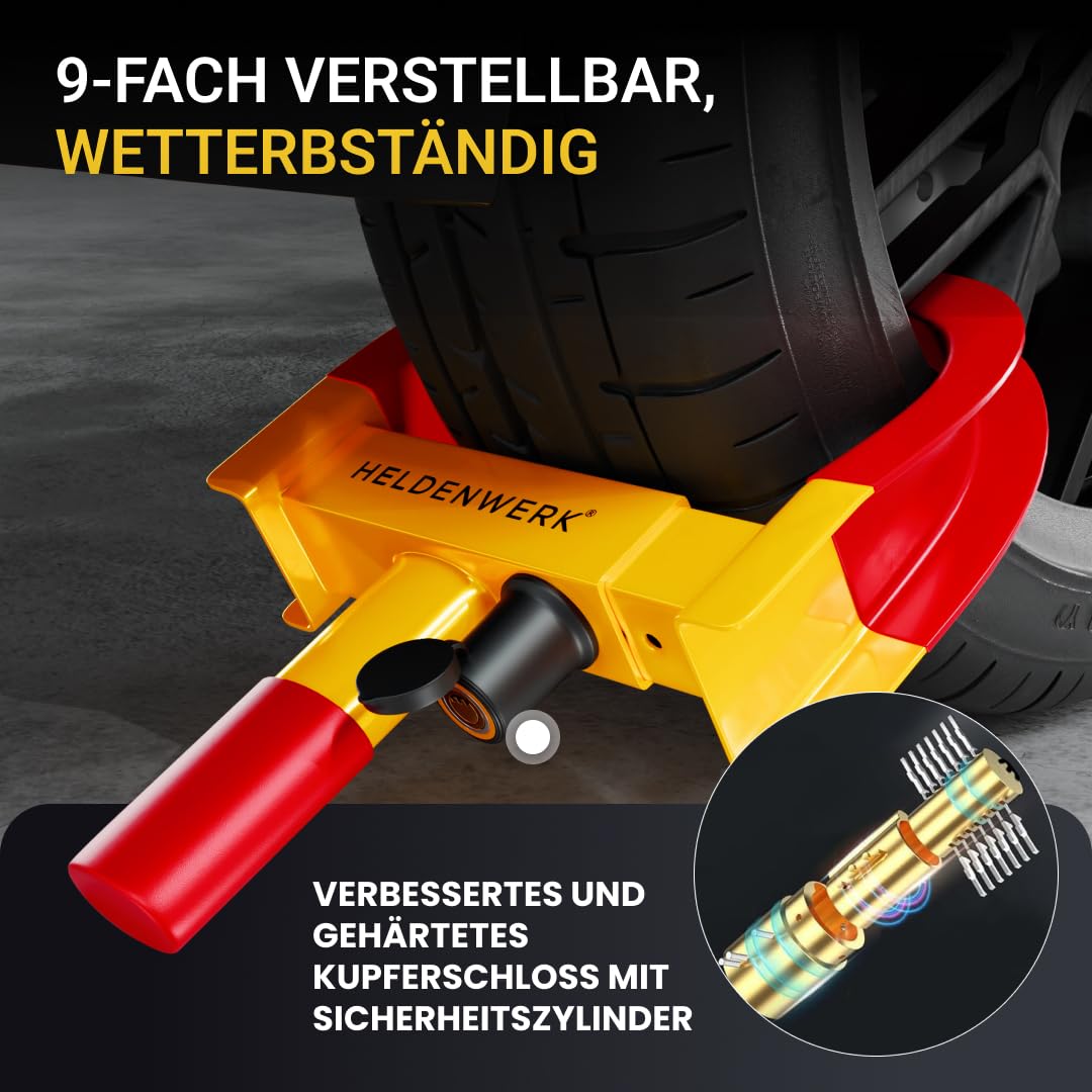 HELDENWERK® Parkkralle Radkralle mit Hochsicherheitsschloss & 3 Schlüsseln - für Anhänger, Wohnmobil, Wohnwagen, Auto - PKW Reifenkralle, Autokralle, Rad-Kralle für 18-30cm Reifenbreite (Gelb/Rot)