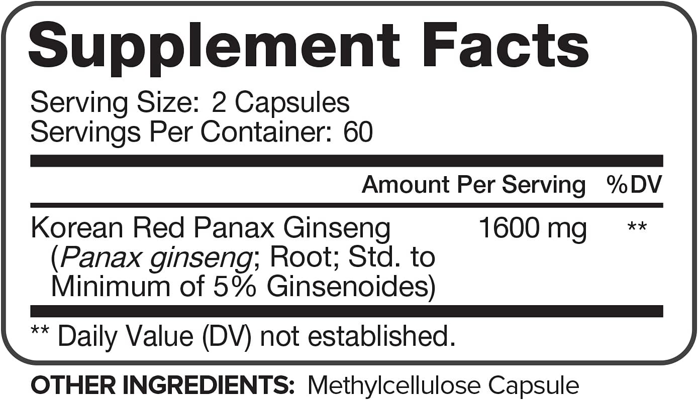 Nutrivein Pure Korean Red Panax Ginseng 1600mg - 120 Vegan Capsules - High Strength 5% Ginsenosides - Ginseng Root Extract Powder for Energy, Potency, Strength, Vigor and Focus for Men and Women : Health & Household