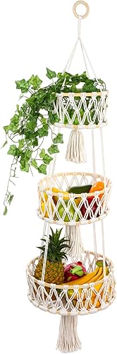 Cesta colgante de 3 niveles, cestas de frutas colgantes para organizador de almacenamiento de cocina, soporte de algodón multicapa para productos