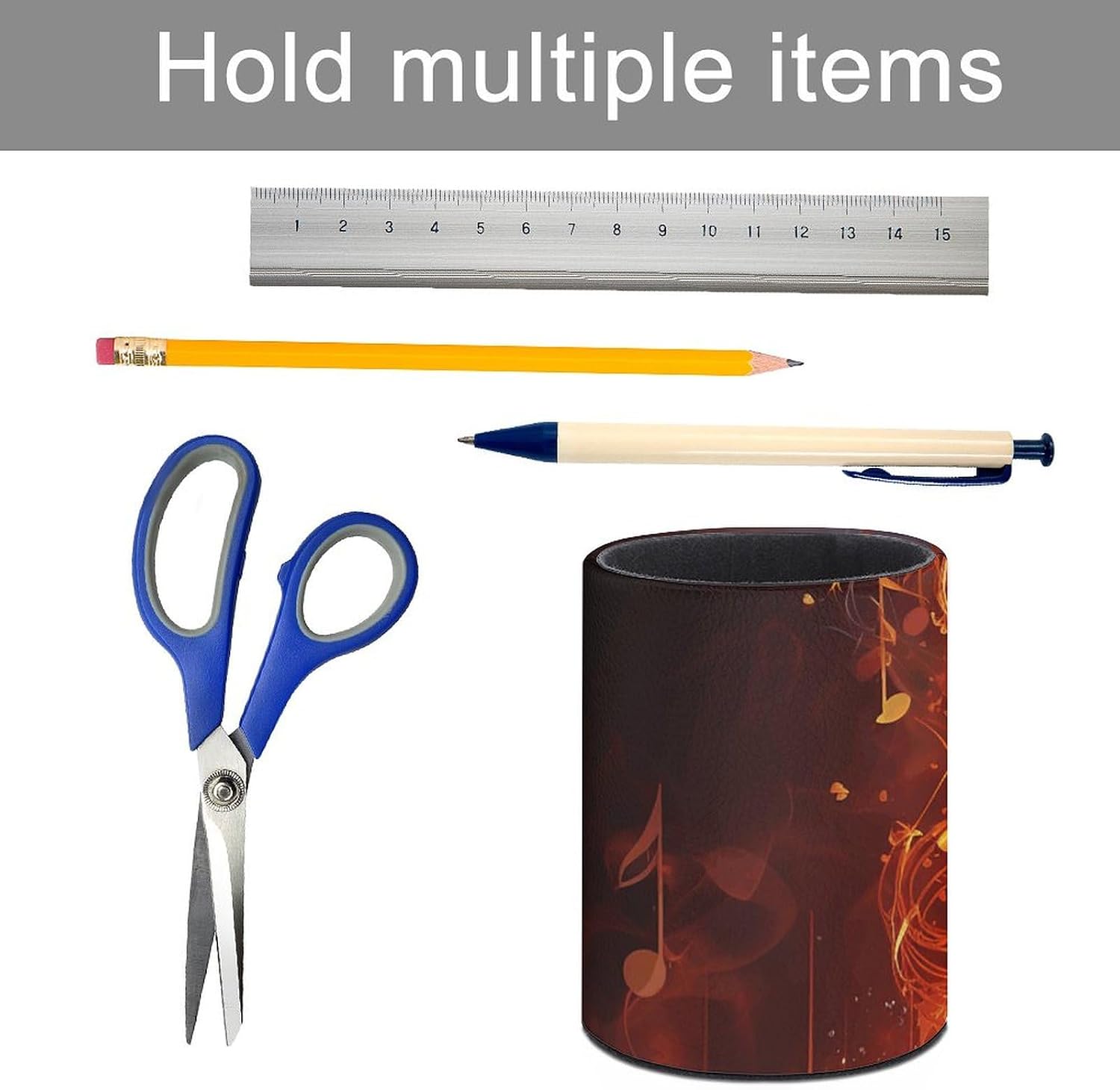 Leather Pen Holder for Desk Organizer Round Pencil Holder Cute Pencil Cup Decorative Makeup Brush Holder Cup Red Flame Music Note Pen Cup Desk Accessories Pen Organizer image 5