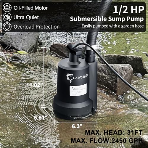 Image of Lanchez Sump Pump, 1 /2 HP 2450GPH Submersible Water Pump, Utility Pump Thermoplastic Portable Electric Transfer Pump for Hot Tub Swimming Pool Basement Garden Pond Tubs Draining with 10FT Cord