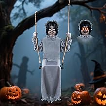 LarpGears Lifesize Swing Girl Halloween Animatronics Decorations - Creepy Twin-Face Motion/Sound Activated Hanging Prop Decor with Eerie Laugh &amp; Red Eyes - Indoor/Outdoor Scary Halloween Decor