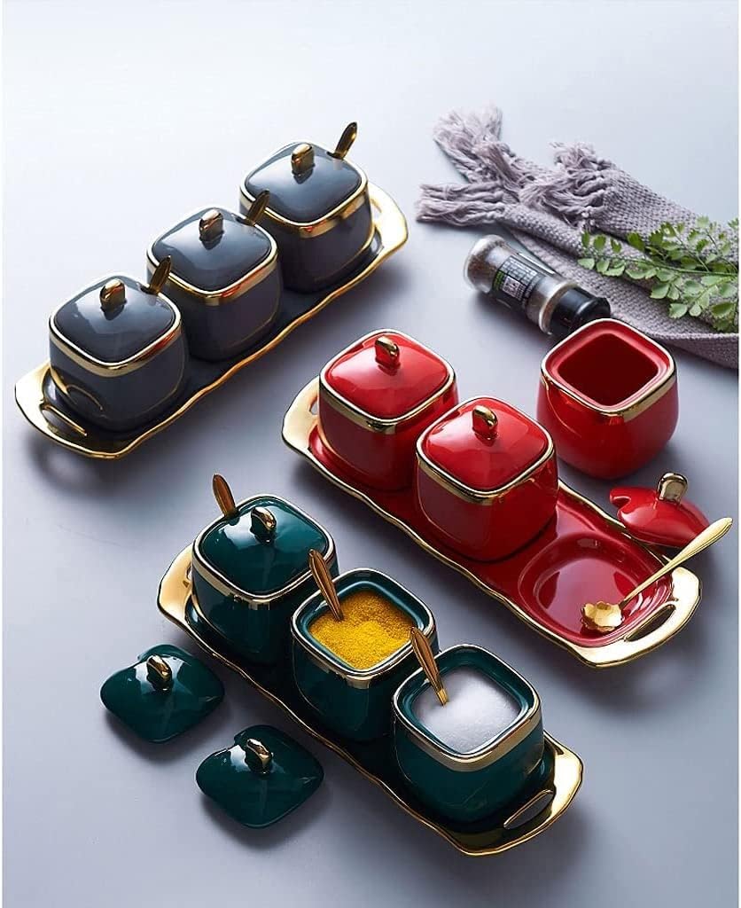 Condiment Set Seasoning Box Condiment Jar Ceramic Condiment Container Set Seasoning Box Set With Spoon Lid And Tray Spice Bottle Seasoning Bottle Kitchen Salt and Sugar Container Sets Condiment Pot (