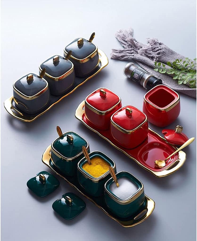 Salero Y Azucarero Cocina Juego De Recipientes Para Condimentos Cerámica, Set Sazonadores Con Tapa Cuchara Y Bandeja, Botella Especias, Para, Cocina Caja De Almacenamiento(Rot)